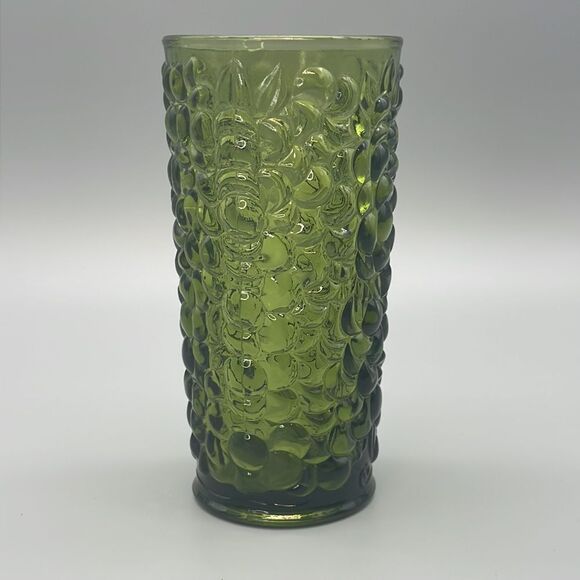MCM Indiana Glass Vase Pressed Grape Pattern Avocado 1970s - Picture 4 of 16